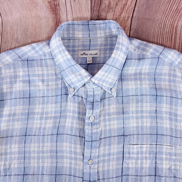 Peter Millar Mens Size Large Blue White 100% Linen Long Sleeve Button Down Shirt - Picture 3 of 12